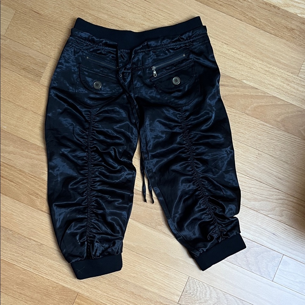 Black Satin Rouched Cropped Pants